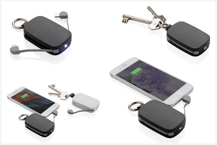 1.200 mAh sleutelhanger-powerbank met geïntegreerde kabels